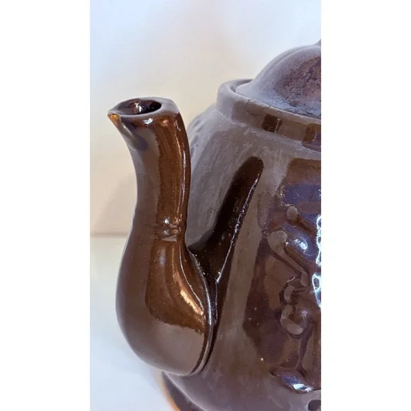 Rockingham Teapot-Rebecca at the Well Relief Raised Clay Brown Glaze Antique 7" - Picture 14 of 16